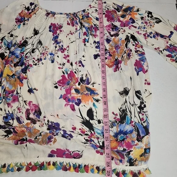 Jodifl, Pom Pom Fringe Tassel, Floral Smocked Draped Watercolor Boho Top large - Picture 9 of 12